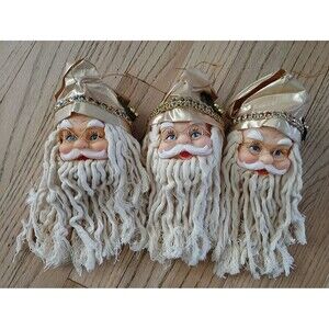 Christmas Santa Doll Head Yarn Hanging Tree Ornaments Farmhouse Country Set of 3